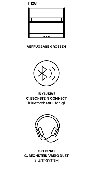 Dieses Tradition Klavier gibt es in einer Größe: T 128. Dieses Klavier hat VARIO Connect. Damit kann man es zum Beispiel mit einem Computer oder einer Musik-App verbinden (MIDI-fähig). Man kann auch das VARIO duet Stummschaltsystem dazukaufen. Damit kann man es leise mit Kopfhörer spielen.