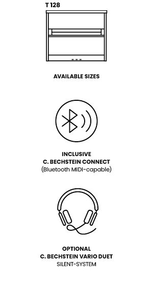 This Tradition piano is available in one size: T 128. The piano includes VARIO Connect. This means you can connect it to a computer or a music app (MIDI compatible). You can also add the VARIO duet silent system. With it, you can play quietly using headphones.